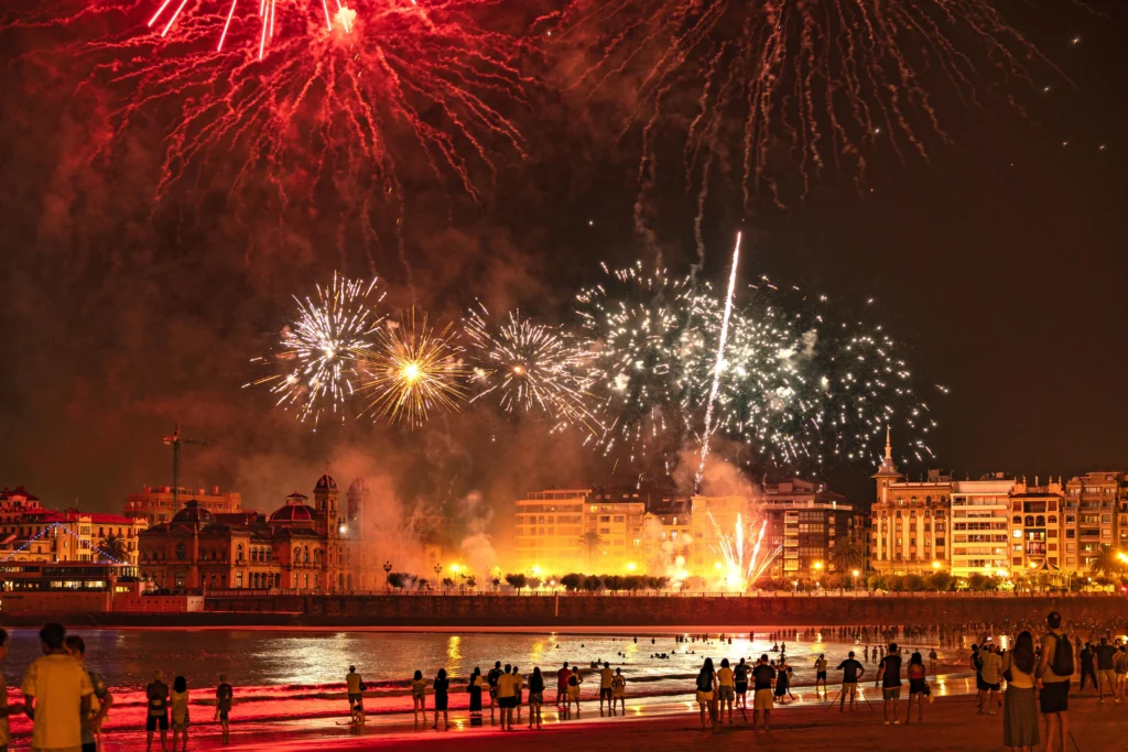 Fireworks over Copacabana Beach in Rio de Janeiro with crowd celebrating New Year’s Eve